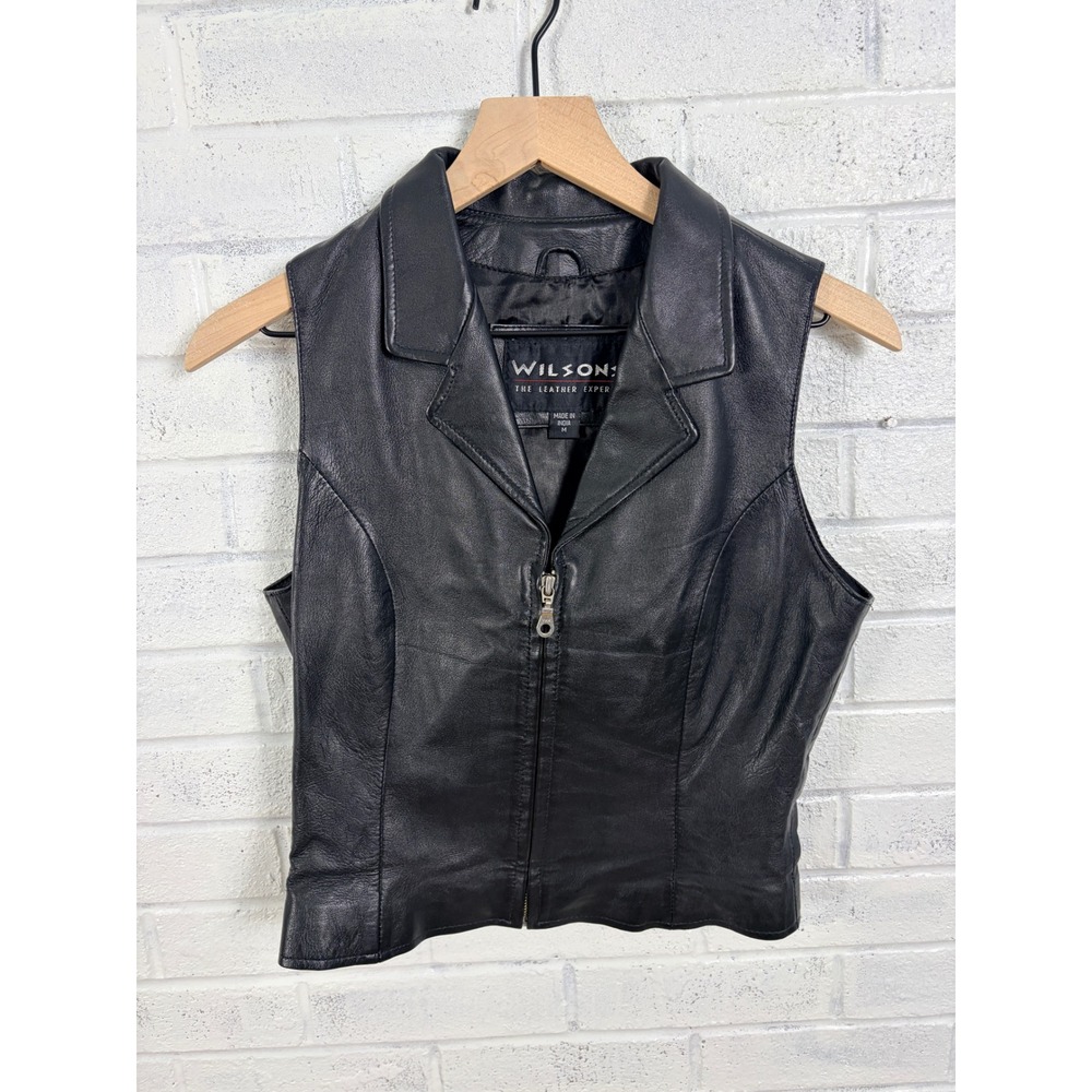 Wilsons Leather Vest Women Medium Black Zip Front Moto Biker Edgy Y2K